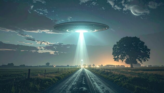 UFO beams light onto a rural road at dusk, moon present
