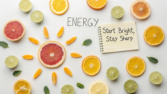 Vibrant Citrus Fruits Arranged in a Creative Design with Inspirational Quote about Energy and Motivation