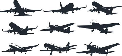 Airplane silhouette vector, aircraft types, aviation design, flying planes, commercial jet, propeller aircraft, black icon, travel, flight, transport © Faruk Here