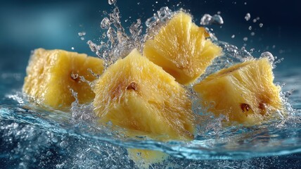 Fresh Pineapple Cubes Splashing in Clear Water Background