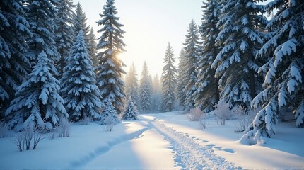 Obraz premium A serene winter forest scene with snow-covered pine trees and a sunlit path.