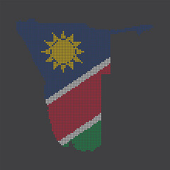 Dotted pixel map of Namibia with national flag colors, representing modern digital design © Amir
