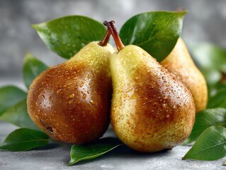 Fresh Pears with Water Droplets and Green Leaves on Grey Background