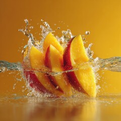 Fresh Slices of Juicy Apple Splashing in Vibrant Yellow Background