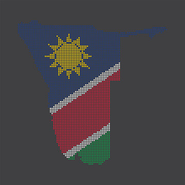 Dotted pixel map of Namibia with national flag colors, representing modern digital design