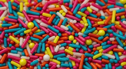 A vibrant close-up captures an abundance of colorful rainbow sprinkles, perfect for adding a festive touch to any sweet dessert or baked good ,party ,candy ,icing