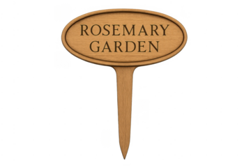 Wooden marker with rosemary garden text identifying cultivated plants