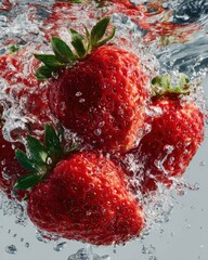 Fresh Strawberries Splashing in Water with Bubbles and Ripples