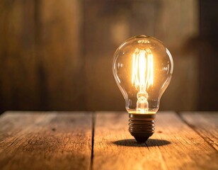 Warm glow lightbulb on rustic wooden surface