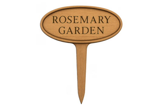 Wooden marker with rosemary garden text identifying cultivated plants
