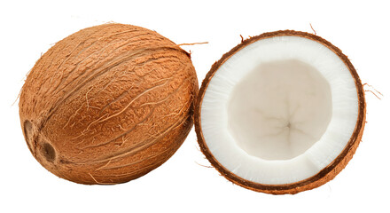 Coconut tropical fruit whole and half cut fresh coconut healthy food ingredient brown shell white flesh on transparent background
