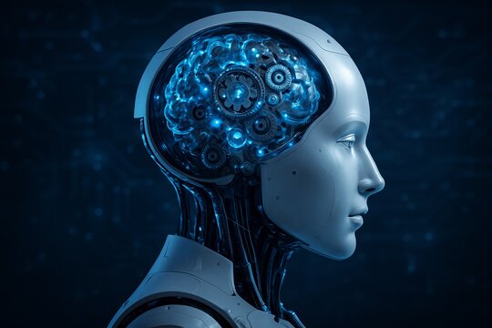 3D robot head with digital brain engine inside futuristic AI technology background on dark blue tone