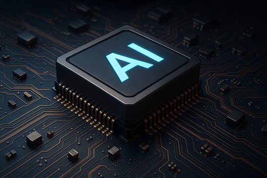 3D AI chip on circuit board symbolizing artificial intelligence integration and digital progress