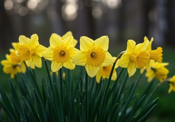 A vibrant cluster of yellow daffodils stands tall, bathed in soft morning light, signaling the fresh arrival of the spring season ,awakening ,narcissus ,idyllic