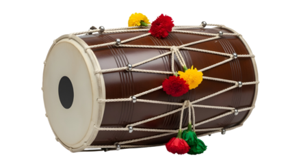Traditional Indian Dholak drum, South Asian percussion instrument used for cultural music and celebration. isolated PNG with Transparent Background