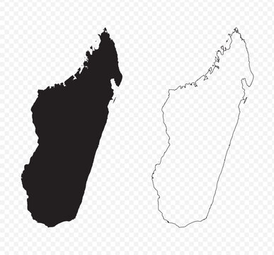 Detailed vector map set of Madagascar, black silhouette and editable outline on transparent background