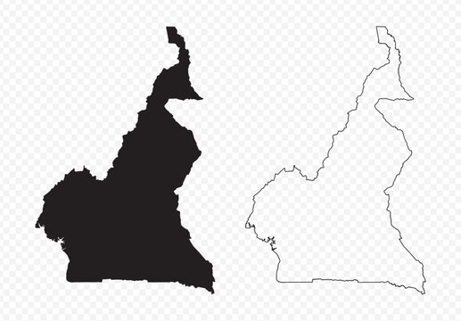 Detailed vector map set of Cameroon, black silhouette and editable outline on transparent background