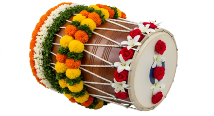 Highly decorated traditional Indian Dholak drum used for music, celebrations, and cultural festivals isolated PNG with Transparent Background