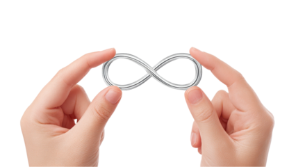 Hands Holding Silver Infinity Symbol Against White Background, Conveying Forever, Limitless Potential, Eternity, and Endless Possibilities Concept
