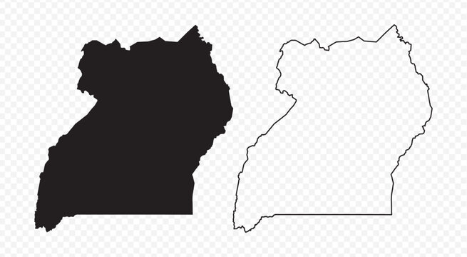 Uganda map set, detailed vector silhouette and outline border on transparent background