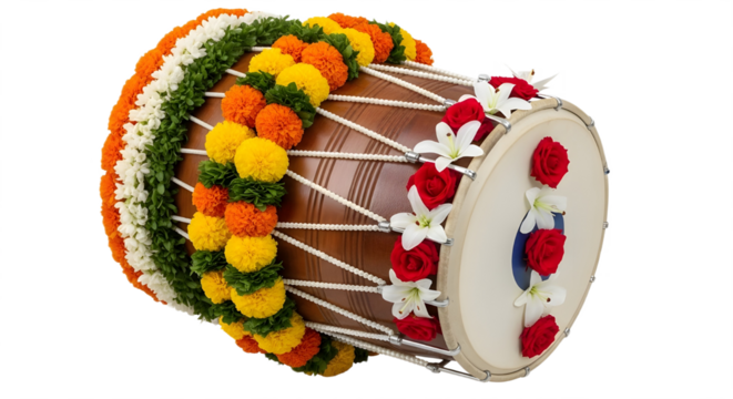Highly decorated traditional Indian Dholak drum used for music, celebrations, and cultural festivals isolated PNG with Transparent Background