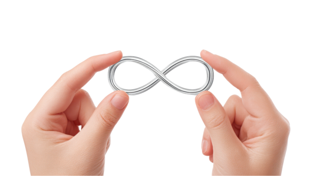 Hands Holding Silver Infinity Symbol Against White Background, Conveying Forever, Limitless Potential, Eternity, and Endless Possibilities Concept