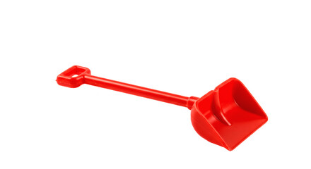 Red plastic toy shovel beach sand play tool for kids children summer fun digging equipment isolated object on transparent background