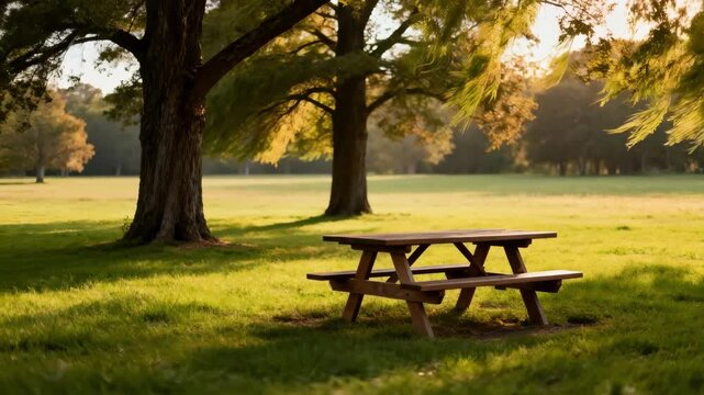 A serene green space with picnic tables trees and open fields inviting relaxation and outdoor socialization moments.