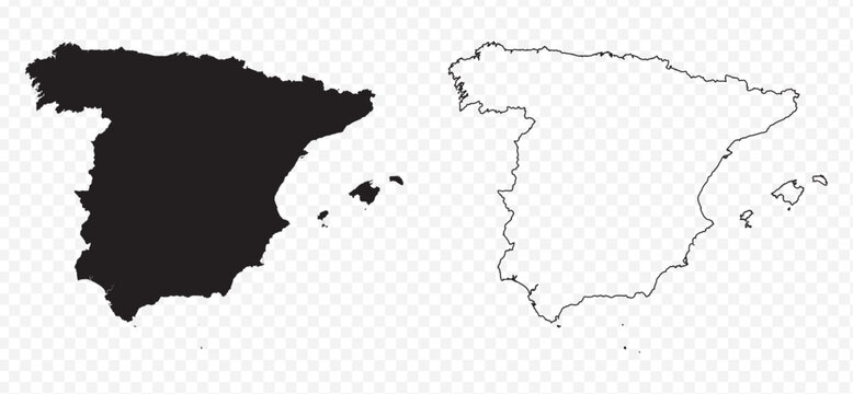 Detailed vector map of the Kingdom of Spain in solid black fill and outline versions