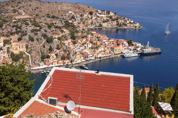 Panoramic view of Symi town from hillside, Symi, Greece