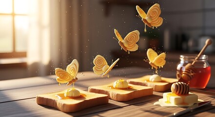 Magical scene of butter-shaped butterflies flying from toast slices with melting butter, next to a honey pot in a sunlit kitchen. Whimsical, breakfast concept.