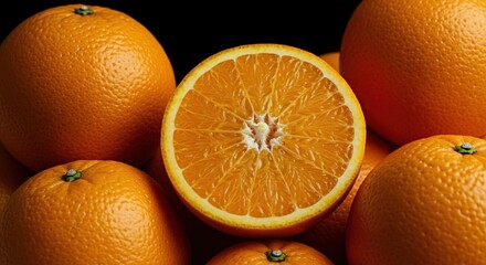 A vibrant collection of fresh, ripe oranges, showcasing their bright color and juicy texture, ideal for healthy eating and refreshing beverages ,delicious fruit ,vegetarian ,healthy