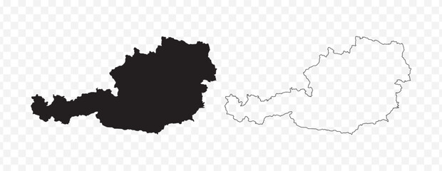 Detailed vector map of the Republic of Austria in solid black fill and outline versions