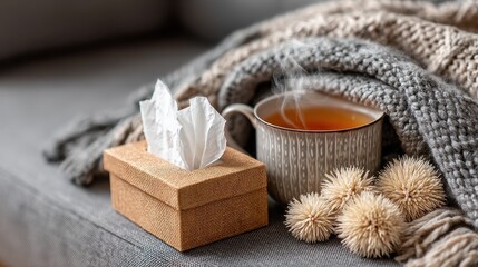 A woman wrapped in a blanket sitting on a sofa holding a tissue box beside a cup of hot tea with warm morning light creating a cozy yet sick day atmosphere