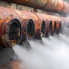 Series of rusty pipes, emitting steam in front of a stone wall