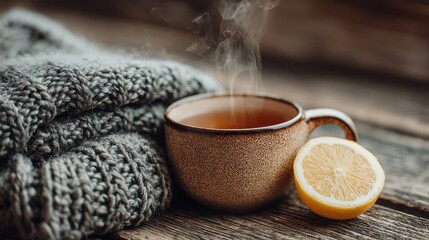 A macro shot of steam rising from a mug of lemon ginger tea beside a wool scarf illustrating comfort and wellness during cold and flu recovery