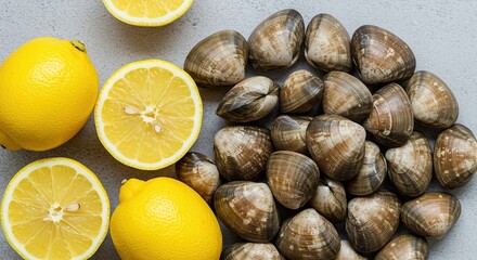 A vibrant culinary arrangement of freshly harvested clams nestled beside bright yellow lemon halves, ready for preparation or consumption ,garnish ,appetizing ,simple