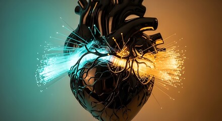 Striking 3D render of a black anatomical heart with glowing fiber optic bundles flowing in teal and amber. Represents data flow, emotion, technology, and bio-connection.