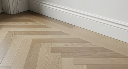 Close-up view of light wood parquet flooring with a chevron pattern and white baseboard molding