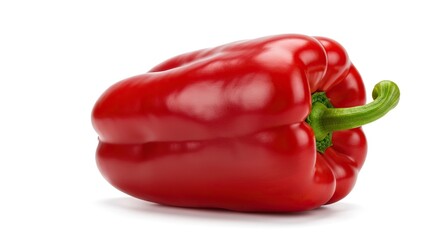 A vibrant deep red bell pepper lying on a plain white background, highlighting its glossy texture and fresh surface ,cooking ,sweet pepper ,cuisine