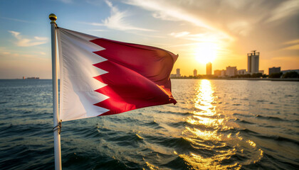 Stunning sunset over Doha skyline with Qatar flag waving proudly in the breeze, a vibrant symbol of national pride and modern growth with golden light