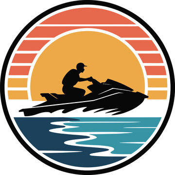 Retro jet ski silhouette at sunset over the water logo design