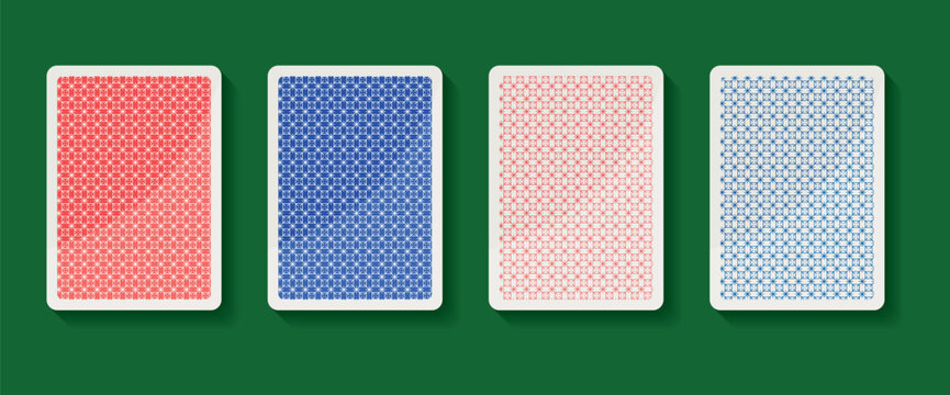 Set of four red and blue playing card backs with geometric patterns and distressed texture variations on a green background
