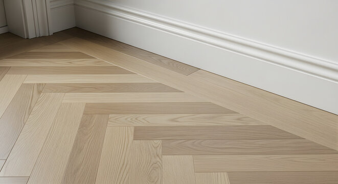 Close-up view of light wood parquet flooring with a chevron pattern and white baseboard molding