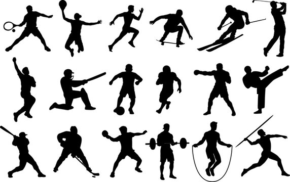 Dynamic Multi-Sport Player Silhouette Set with Football, Basketball, Tennis, and More