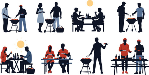 Naklejka premium Barbecue, grill, outdoor, cooking, picnic, food, friends, family, summer, gathering, eating, celebration, party, social, leisure, dining, meat, drink, fun, lifestyle