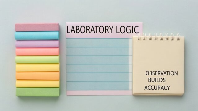 Colorful sticky notes with a notepad and paper featuring observation builds accuracy in a laboratory logic workspace