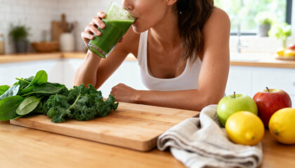 A young woman drinking a fresh green smoothie made with kale, spinach, and apples in a bright kitchen, symbolizing healthy living, natural nutrition, and the beauty of mindful wellness habits.