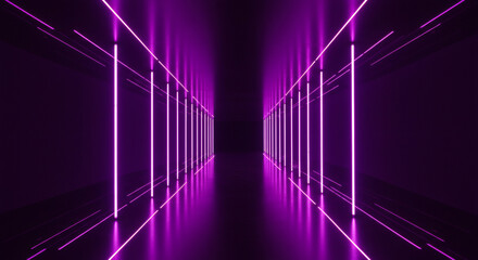 Enter the vibrant purple neon illuminated corridor, a stunning modern design element perfect for technology, gaming, and futuristic themes with dynamic perspective