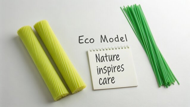Eco-friendly model showcasing vibrant green materials with handwritten note about nature inspiring care and environmental awareness